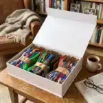 Tata Box z kolorowymi skarpetami w domowym wnętrzu