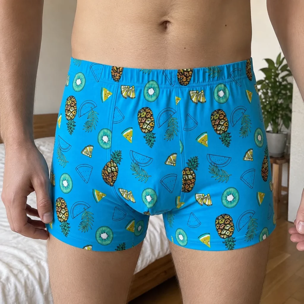 Turkusowe bambusowe bokserki owocowe na modelu
