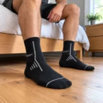 Czarne skarpety sportowe z szarym wzorem na nogach w sypialni